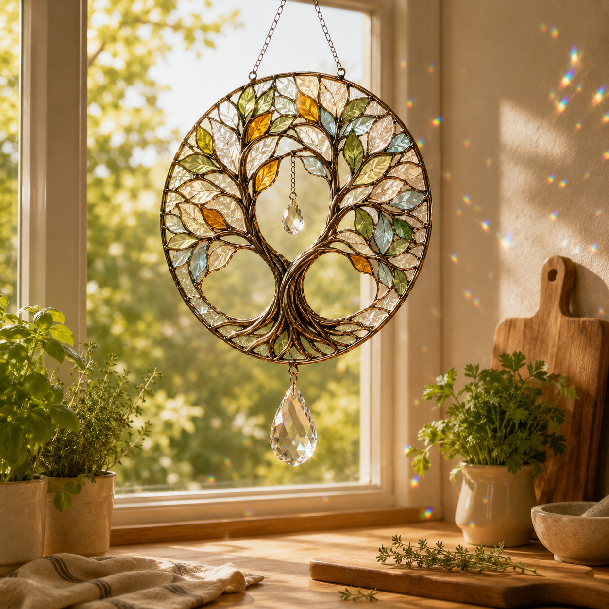 Tree of Life Suncatcher | Crystal Rainbow Window Hanging | Stained Glass Style Decor | Spiritual Nature Lover Gift
