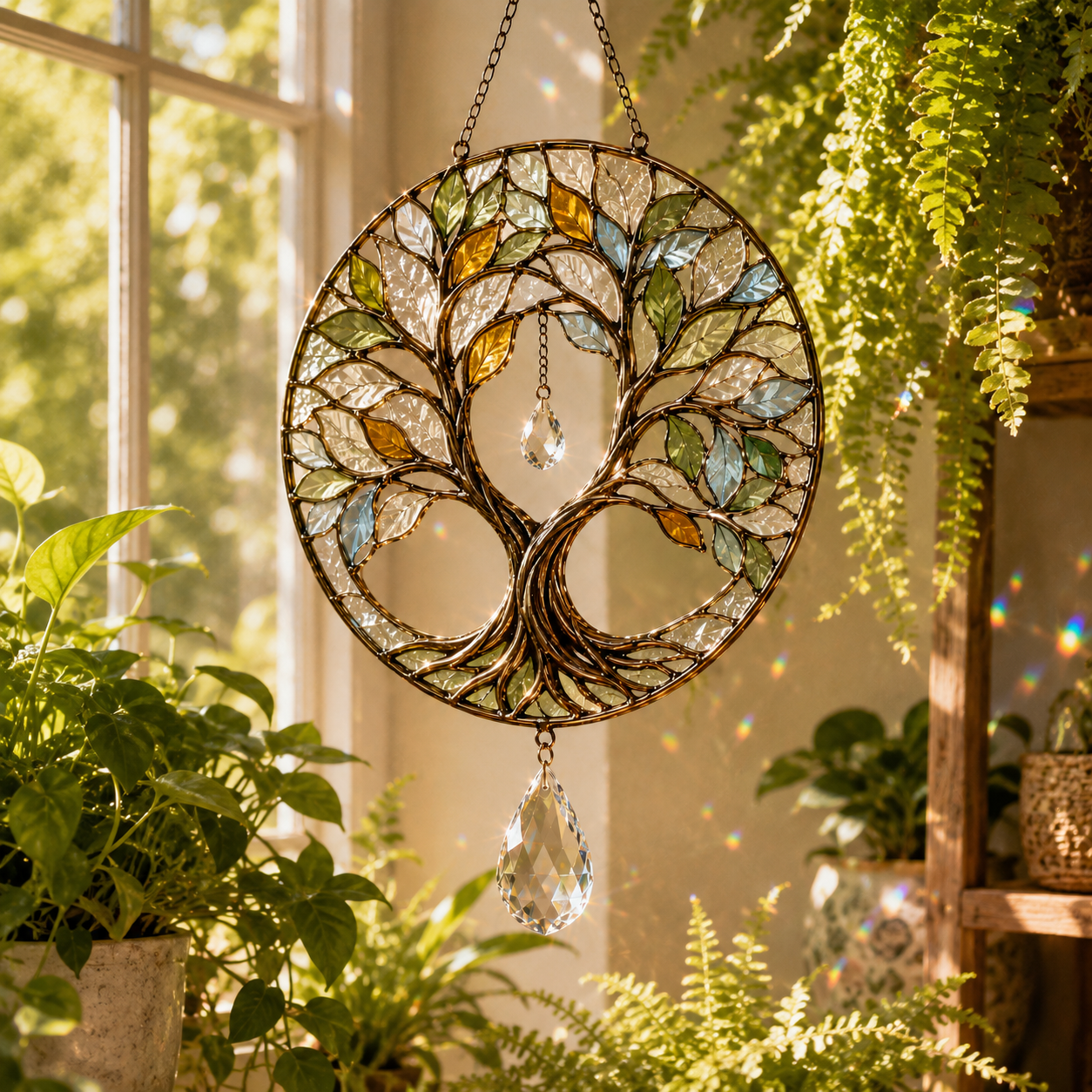 Tree of Life Suncatcher | Crystal Rainbow Window Hanging | Stained Glass Style Decor | Spiritual Nature Lover Gift