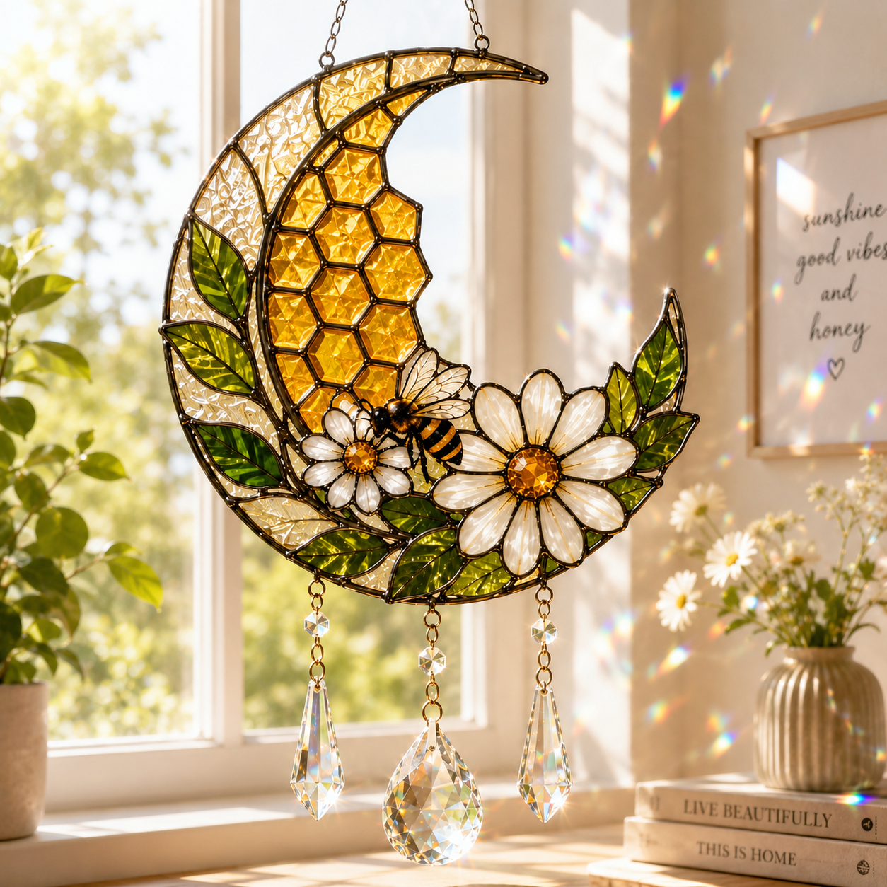 Bee Moon Suncatcher | Daisy Honeycomb Window Hanging | Crystal Rainbow Decor | Cottagecore Bee Lover Gift