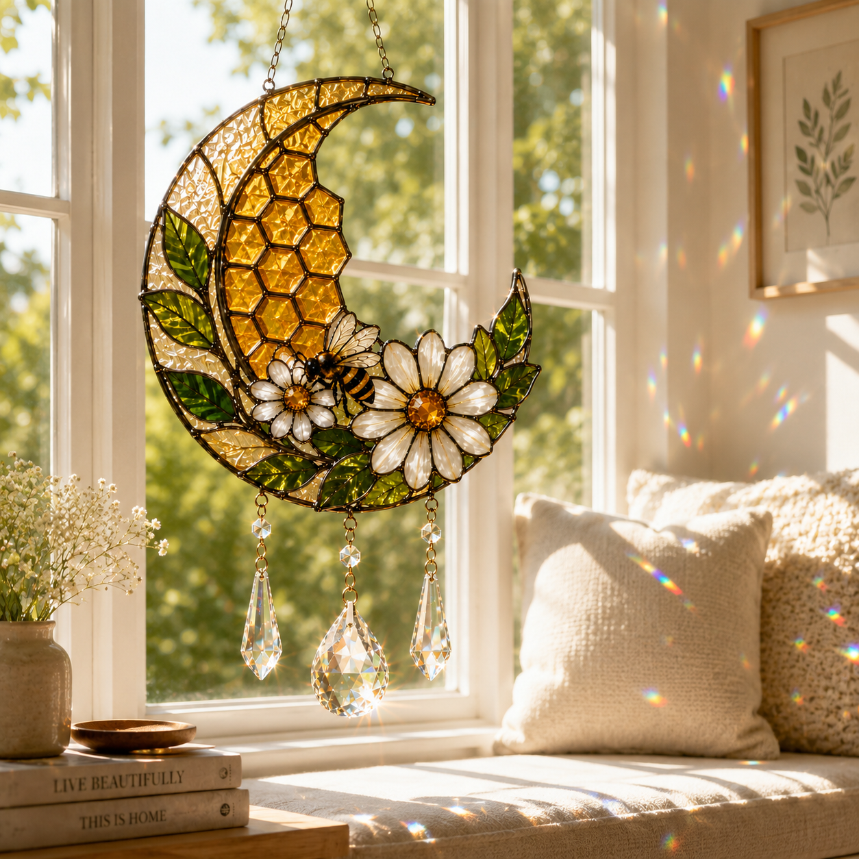 Bee Moon Suncatcher | Daisy Honeycomb Window Hanging | Crystal Rainbow Decor | Cottagecore Bee Lover Gift