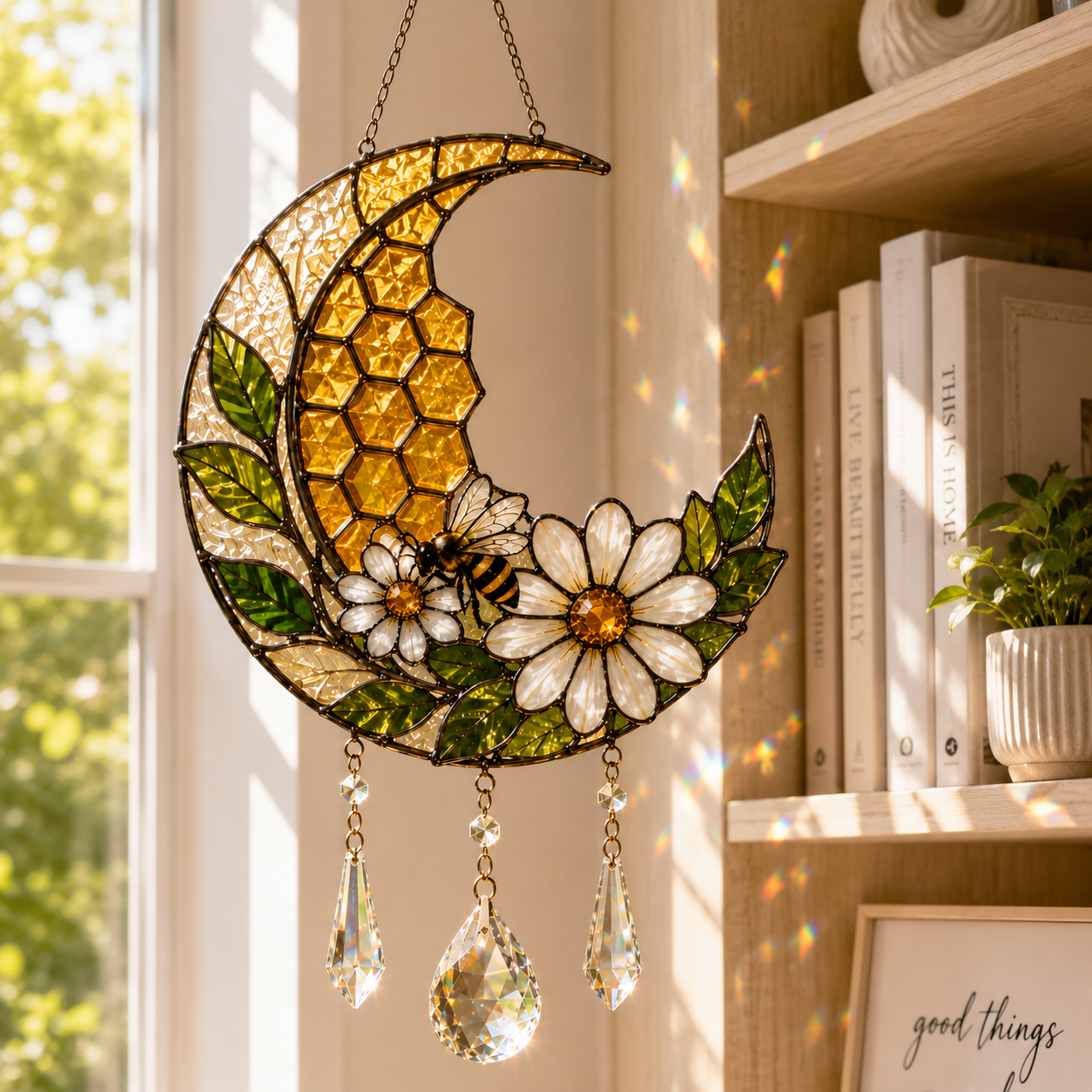 Bee Moon Suncatcher | Daisy Honeycomb Window Hanging | Crystal Rainbow Decor | Cottagecore Bee Lover Gift