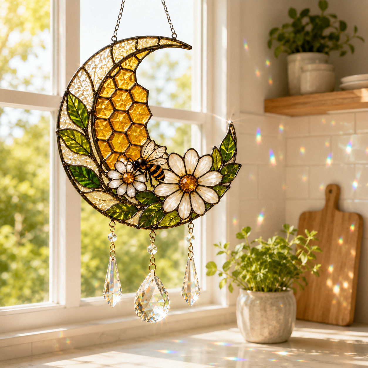 Bee Moon Suncatcher | Daisy Honeycomb Window Hanging | Crystal Rainbow Decor | Cottagecore Bee Lover Gift