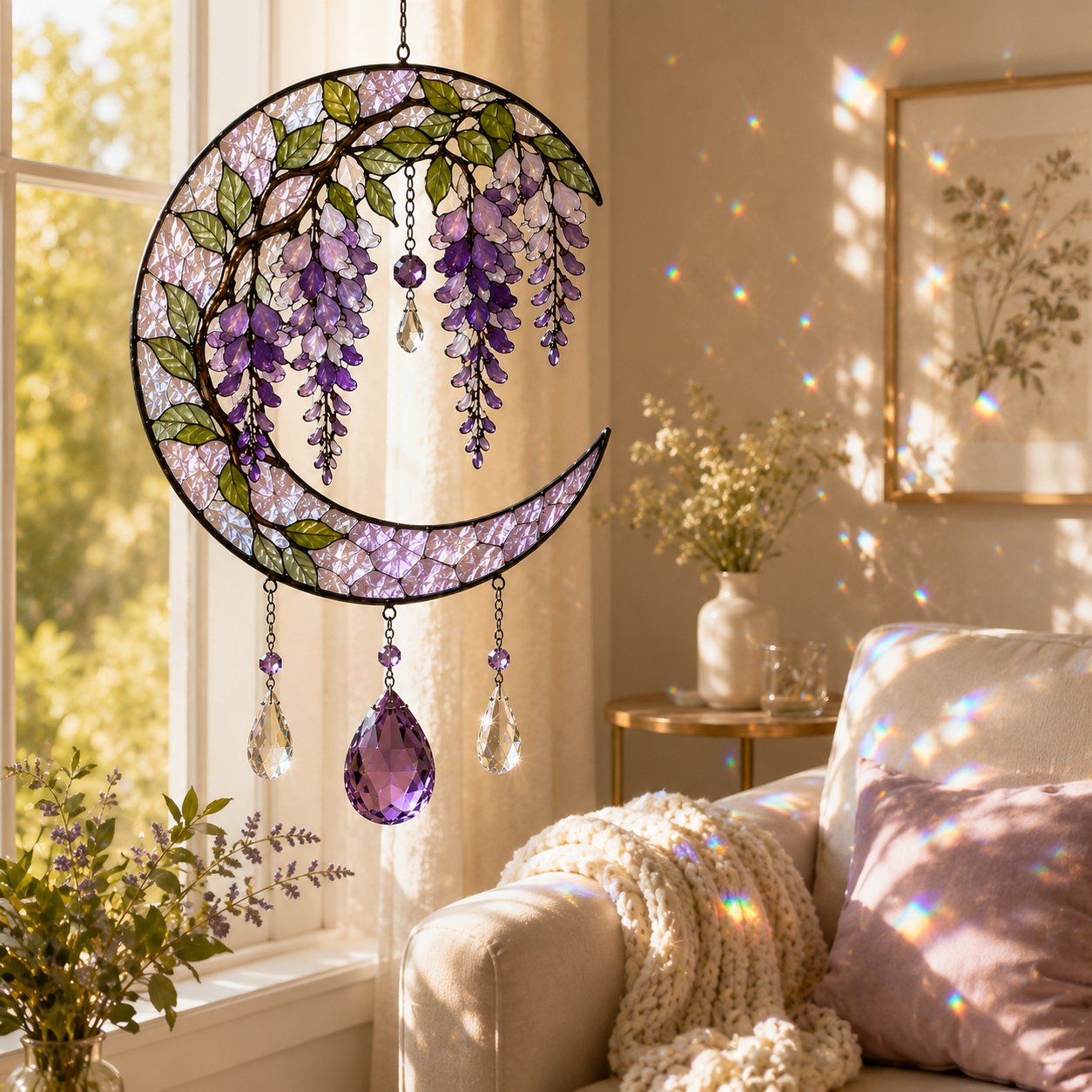 Wisteria Moon Suncatcher | Purple Floral Window Hanging | Crystal Rainbow Decor | Cottagecore Flower Lover Gift