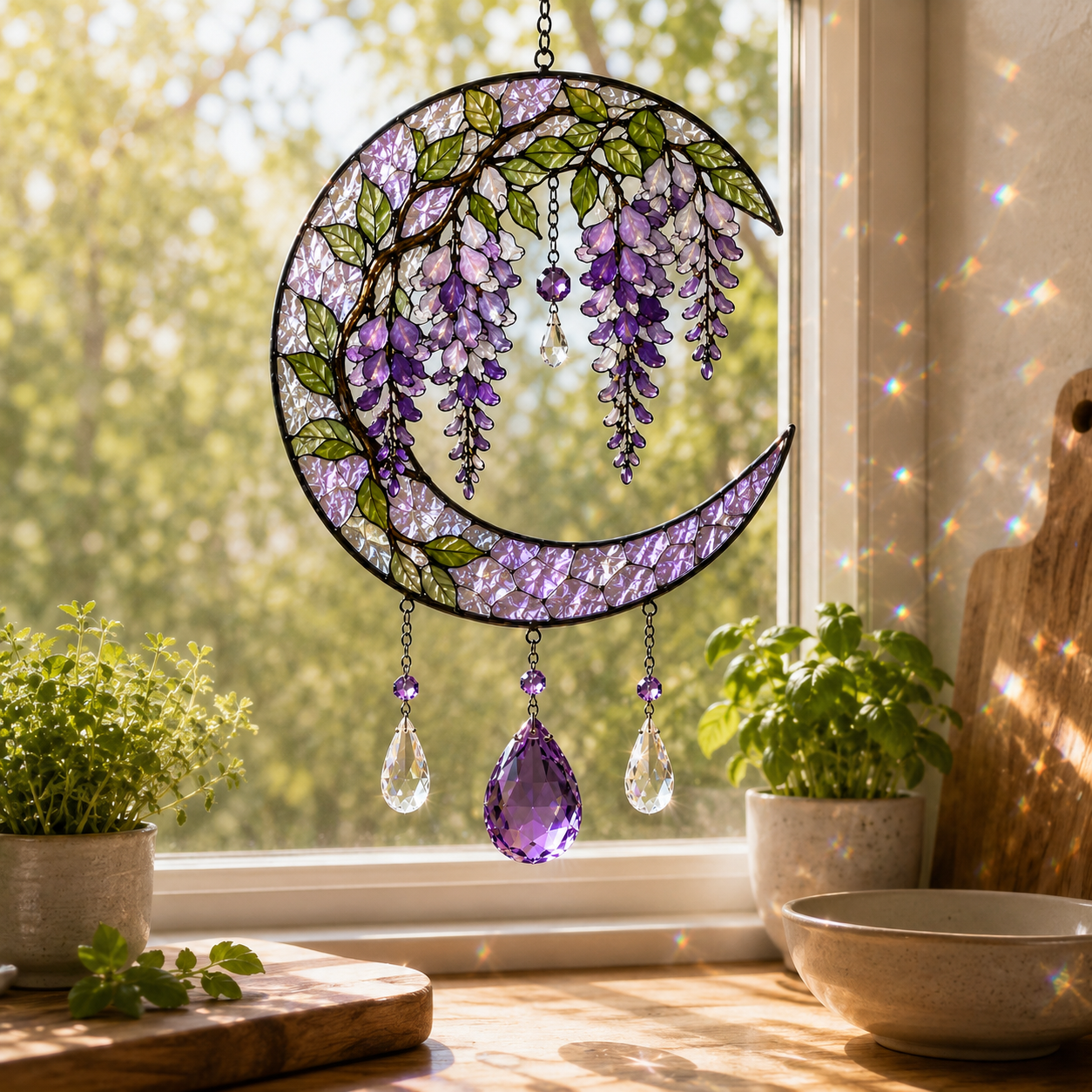 Wisteria Moon Suncatcher | Purple Floral Window Hanging | Crystal Rainbow Decor | Cottagecore Flower Lover Gift