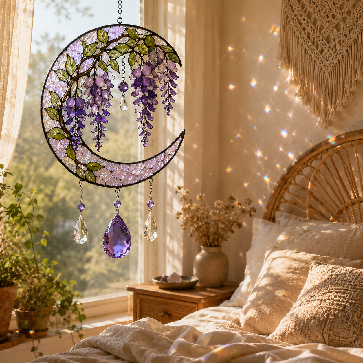 Wisteria Moon Suncatcher | Purple Floral Window Hanging | Crystal Rainbow Decor | Cottagecore Flower Lover Gift