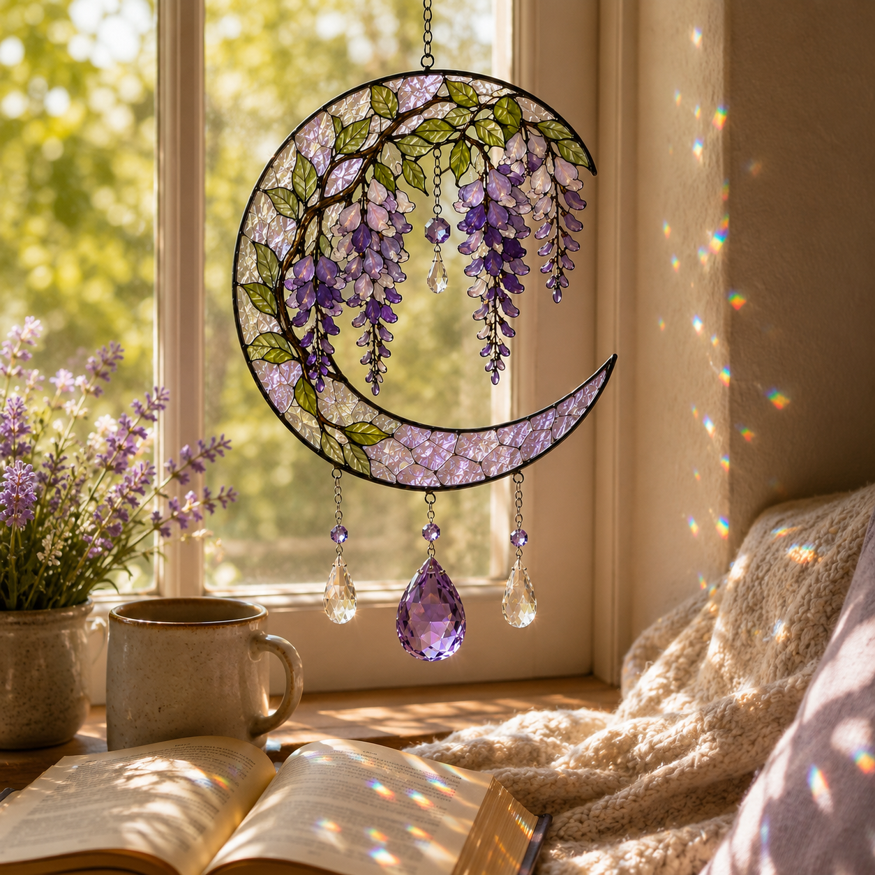Wisteria Moon Suncatcher | Purple Floral Window Hanging | Crystal Rainbow Decor | Cottagecore Flower Lover Gift