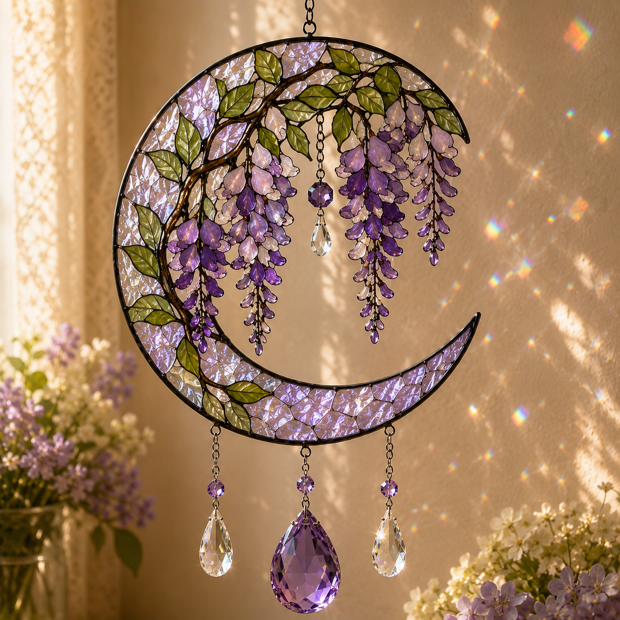 Wisteria Moon Suncatcher | Purple Floral Window Hanging | Crystal Rainbow Decor | Cottagecore Flower Lover Gift