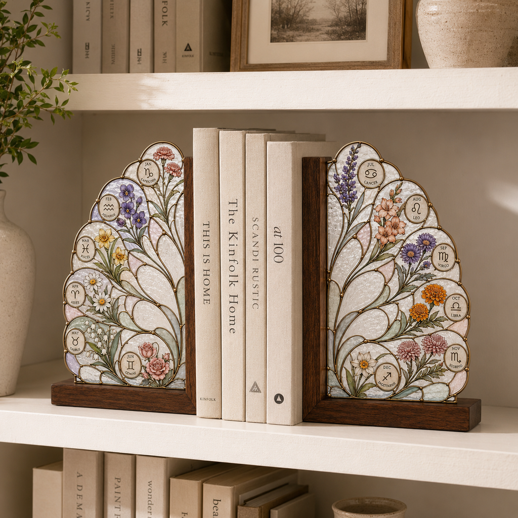 12 Zodiac Birth Flower Bookends | Wood Glass Bookend Set | Astrology Bookshelf Decor | Birthday Gift | Floral Book Holder