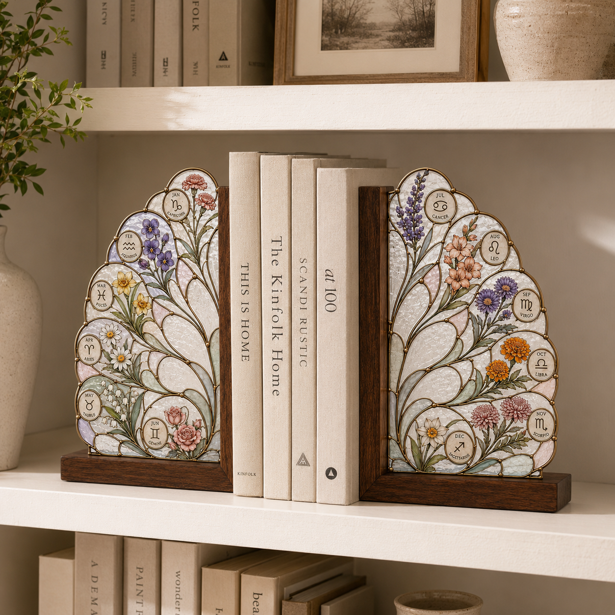 12 Zodiac Birth Flower Bookends | Wood Glass Bookend Set | Astrology Bookshelf Decor | Birthday Gift | Floral Book Holder