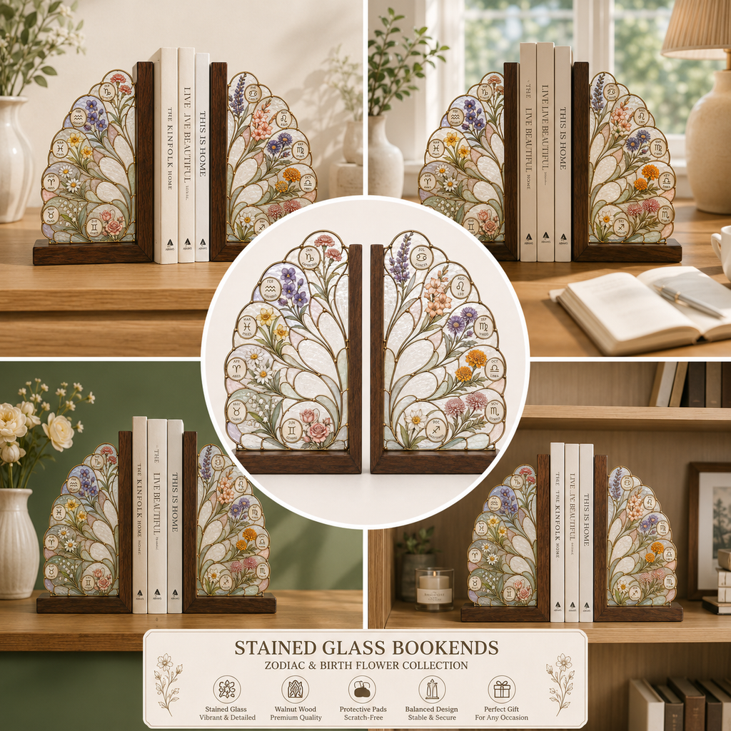 12 Zodiac Birth Flower Bookends | Wood Glass Bookend Set | Astrology Bookshelf Decor | Birthday Gift | Floral Book Holder