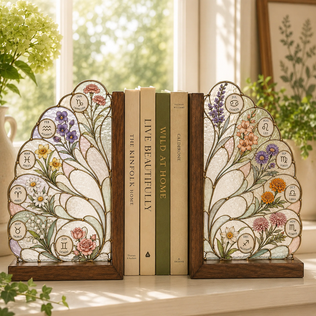 12 Zodiac Birth Flower Bookends | Wood Glass Bookend Set | Astrology Bookshelf Decor | Birthday Gift | Floral Book Holder