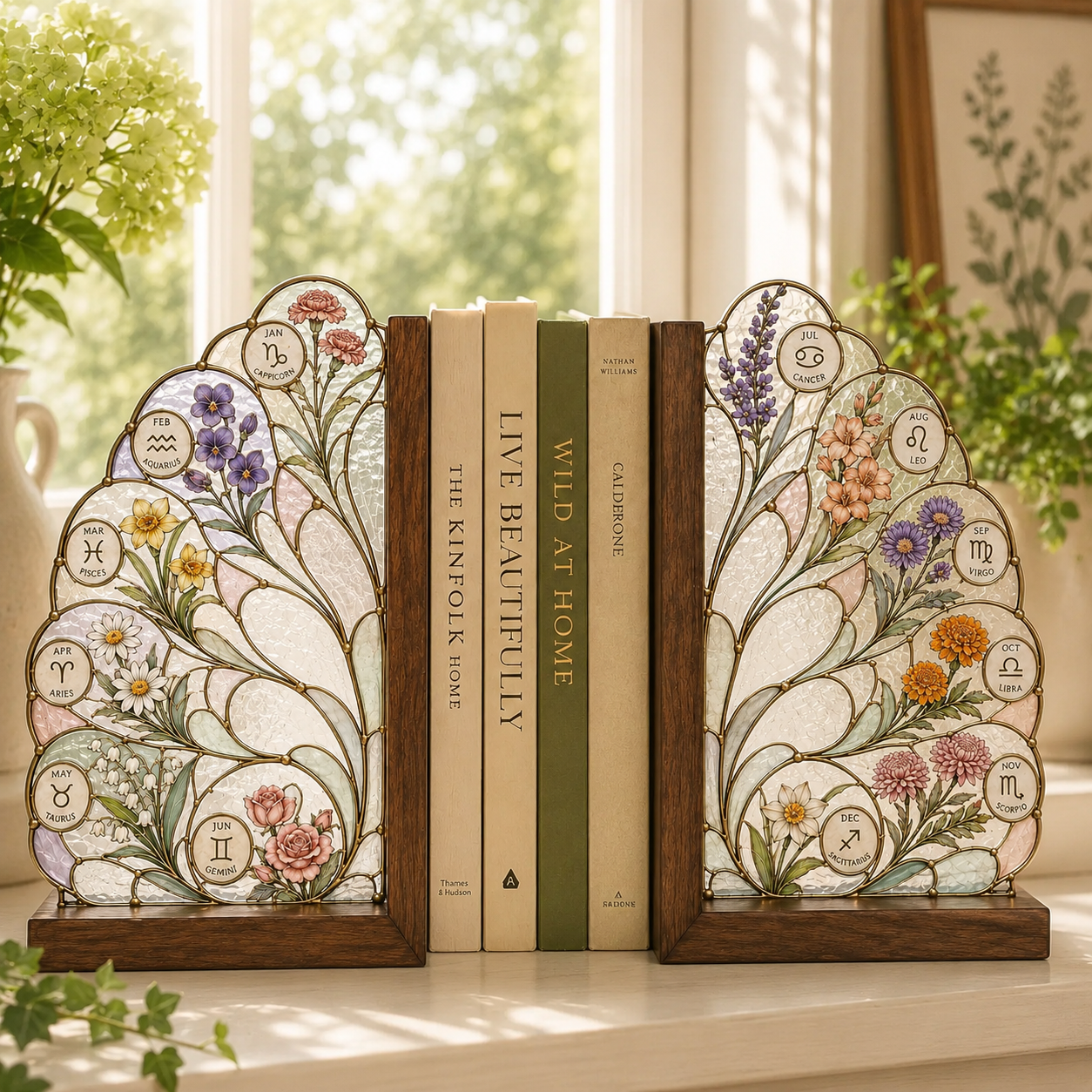 12 Zodiac Birth Flower Bookends | Wood Glass Bookend Set | Astrology Bookshelf Decor | Birthday Gift | Floral Book Holder