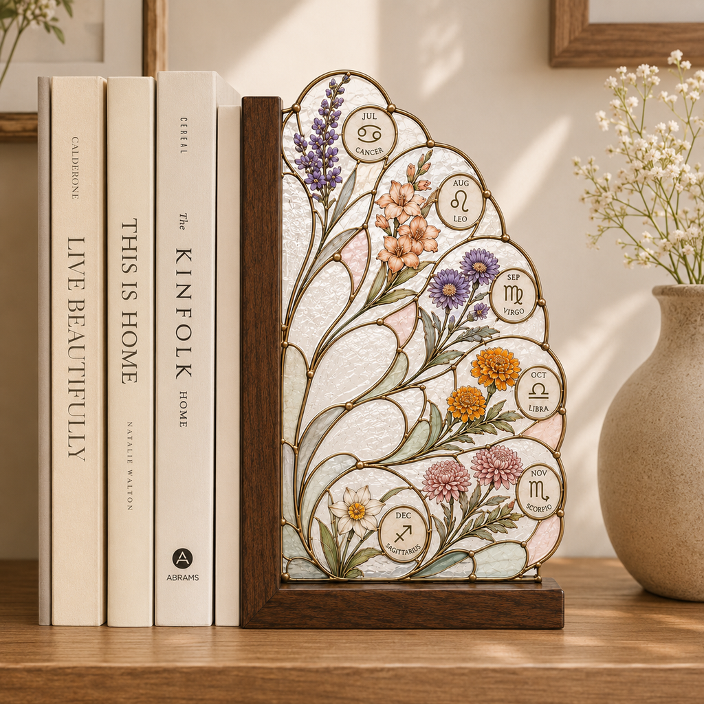 12 Zodiac Birth Flower Bookends | Wood Glass Bookend Set | Astrology Bookshelf Decor | Birthday Gift | Floral Book Holder