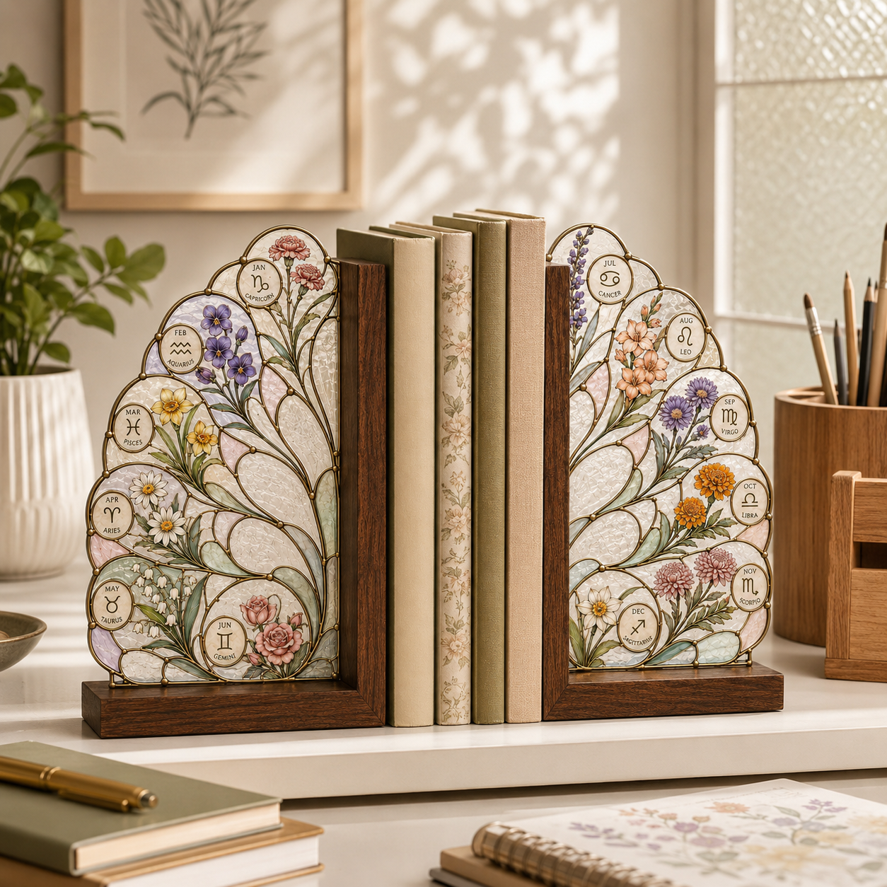 12 Zodiac Birth Flower Bookends | Wood Glass Bookend Set | Astrology Bookshelf Decor | Birthday Gift | Floral Book Holder