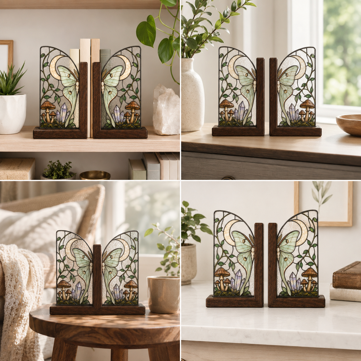 Luna Moth Bookends | Mushroom Moon Wood Glass Bookend Set | Cottagecore Bookshelf Decor | Moth Lover Gift