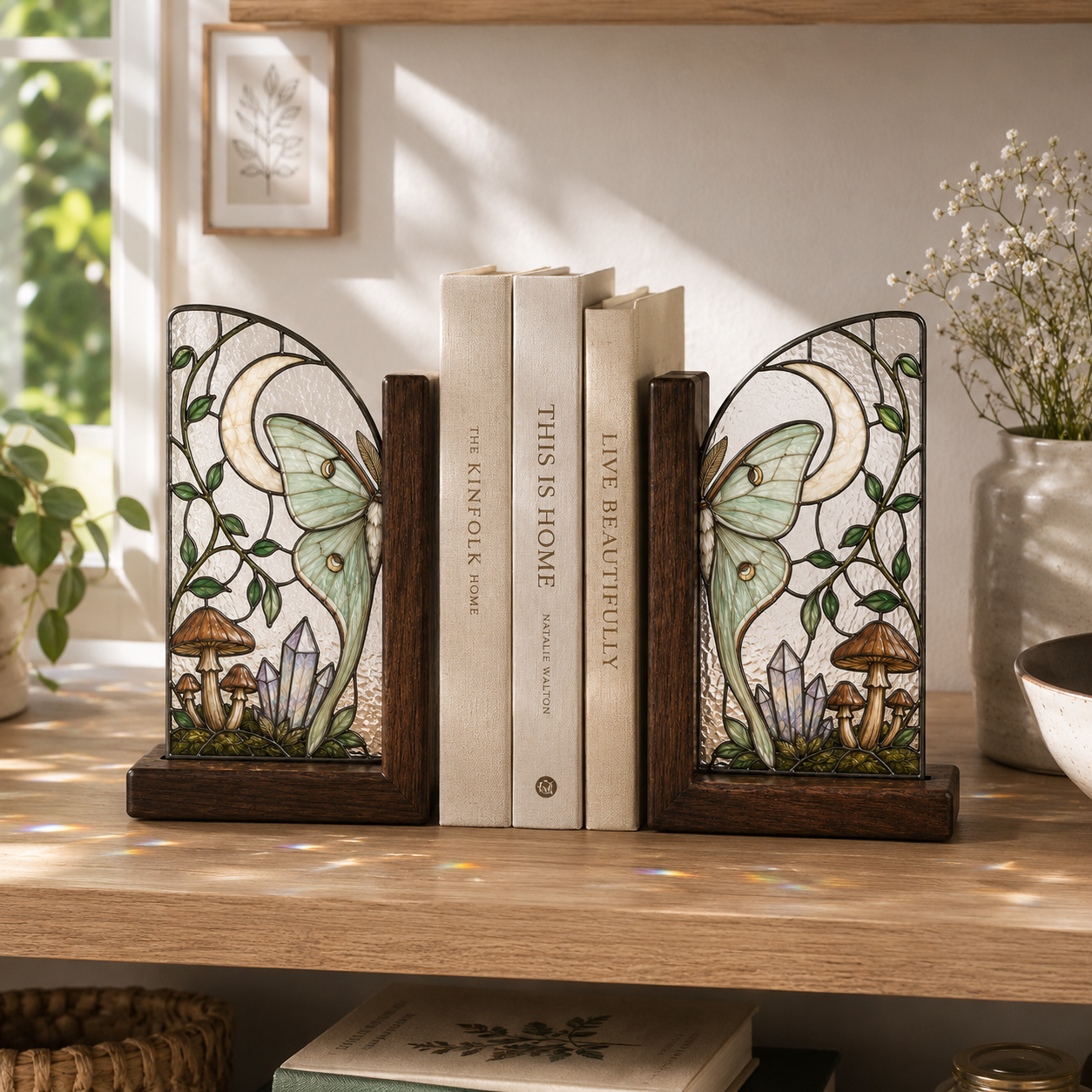 Luna Moth Bookends | Mushroom Moon Wood Glass Bookend Set | Cottagecore Bookshelf Decor | Moth Lover Gift