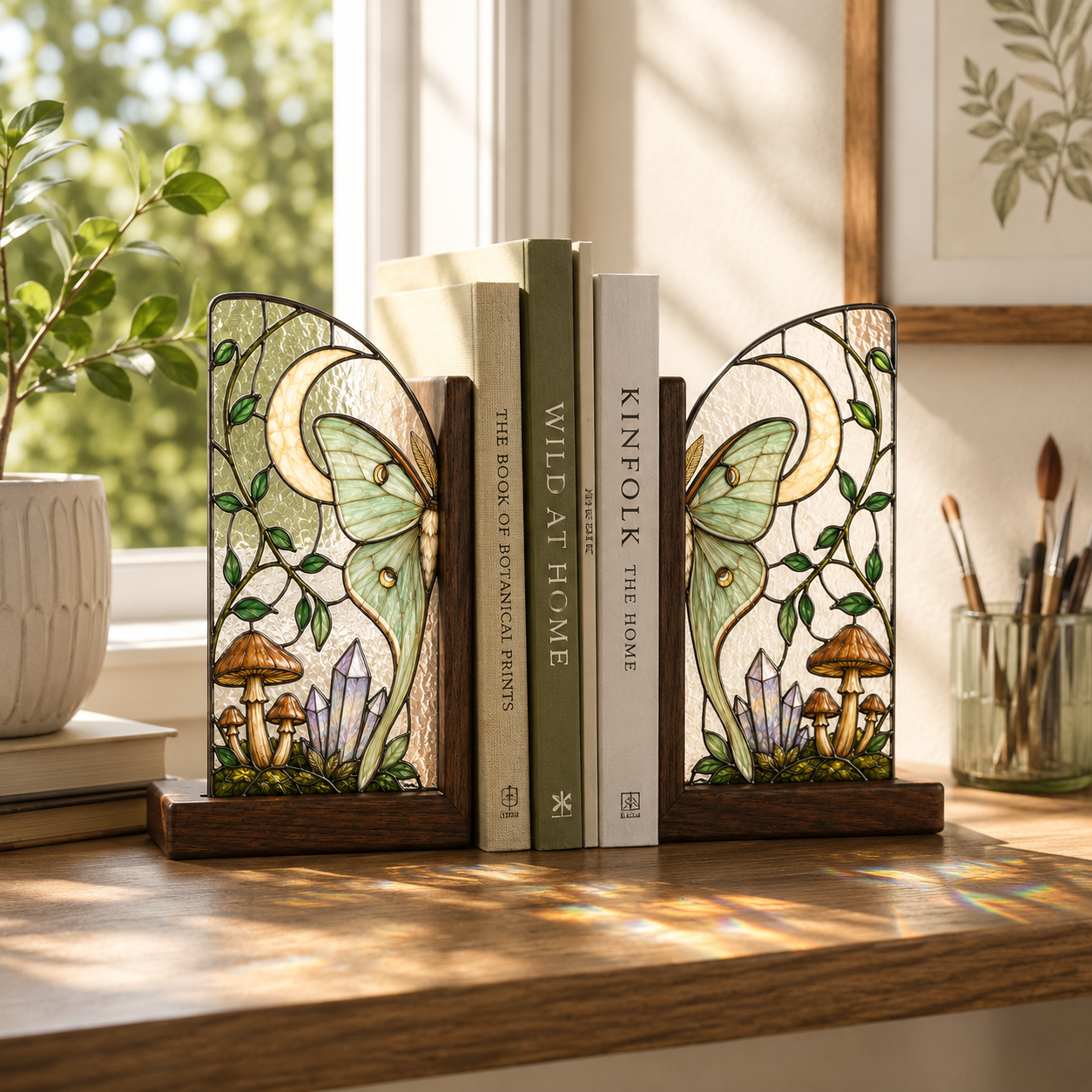 Luna Moth Bookends | Mushroom Moon Wood Glass Bookend Set | Cottagecore Bookshelf Decor | Moth Lover Gift