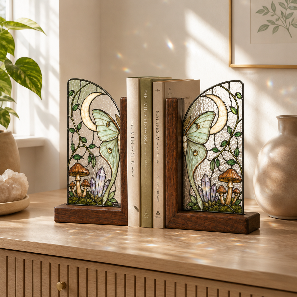 Luna Moth Bookends | Mushroom Moon Wood Glass Bookend Set | Cottagecore Bookshelf Decor | Moth Lover Gift