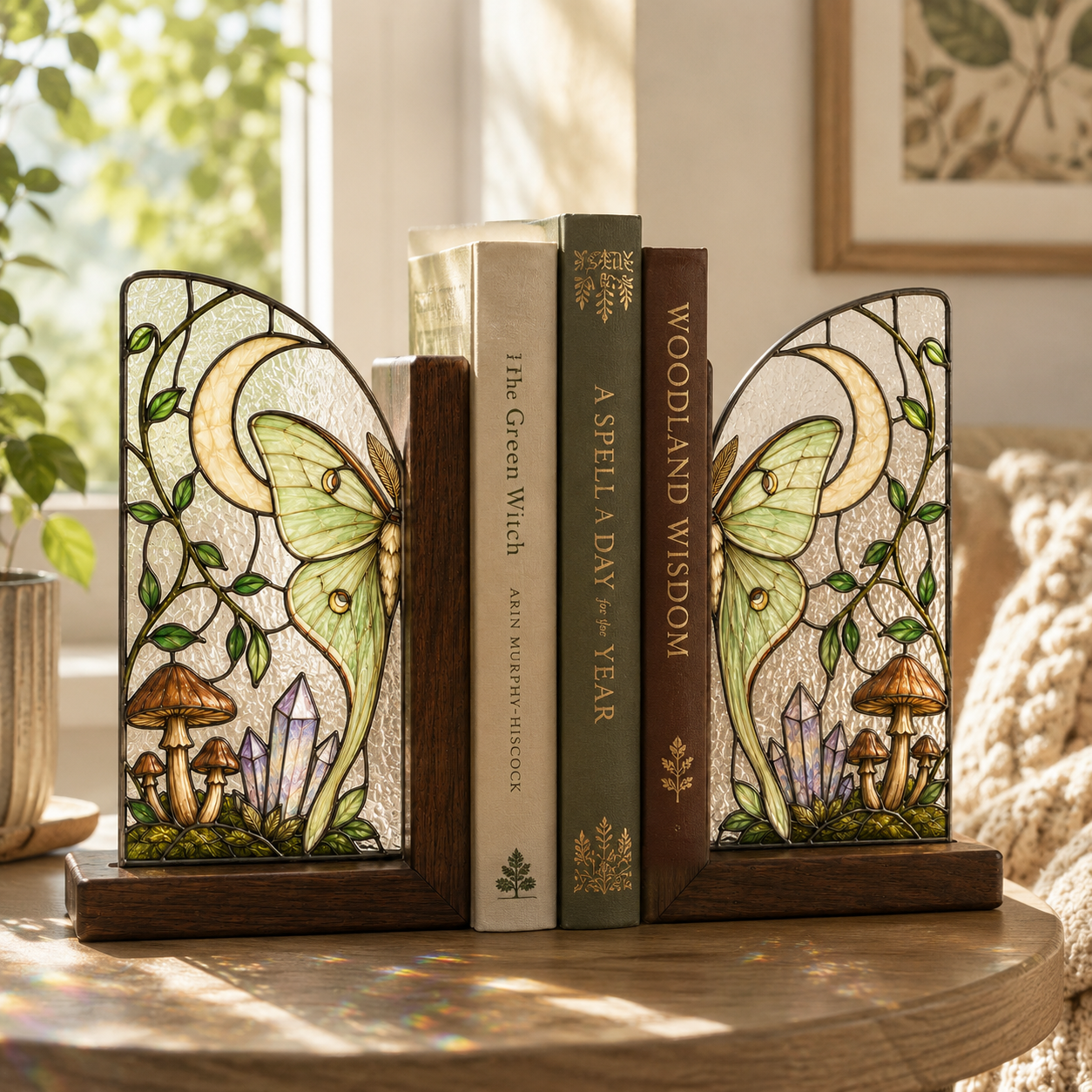 Luna Moth Bookends | Mushroom Moon Wood Glass Bookend Set | Cottagecore Bookshelf Decor | Moth Lover Gift
