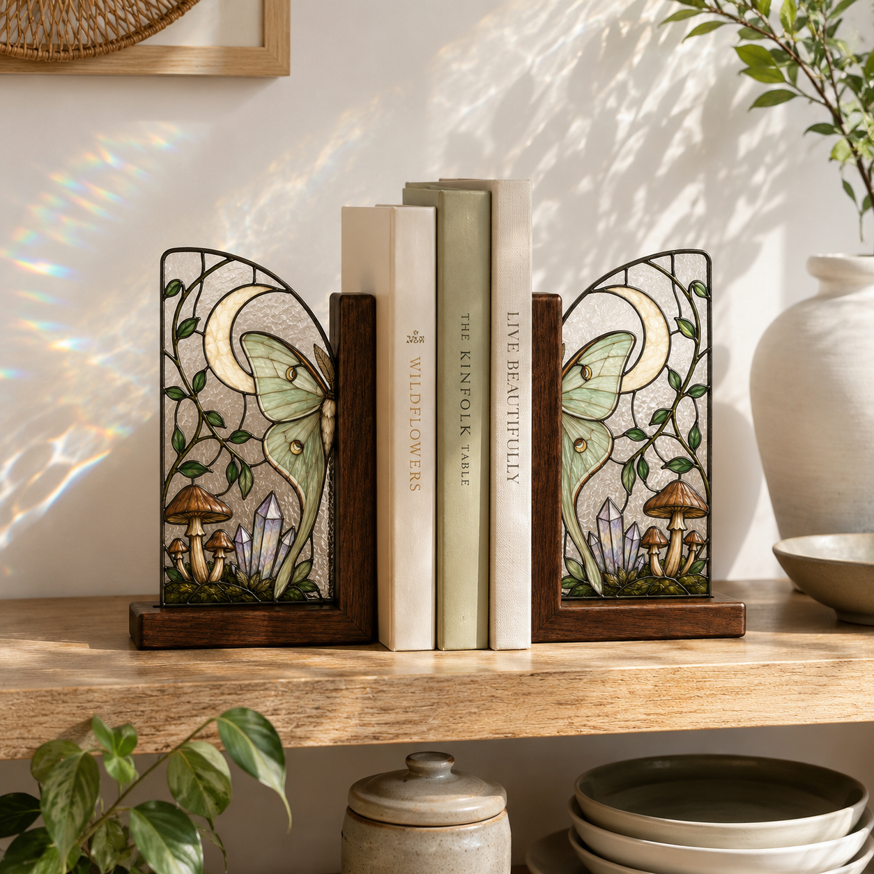 Luna Moth Bookends | Mushroom Moon Wood Glass Bookend Set | Cottagecore Bookshelf Decor | Moth Lover Gift