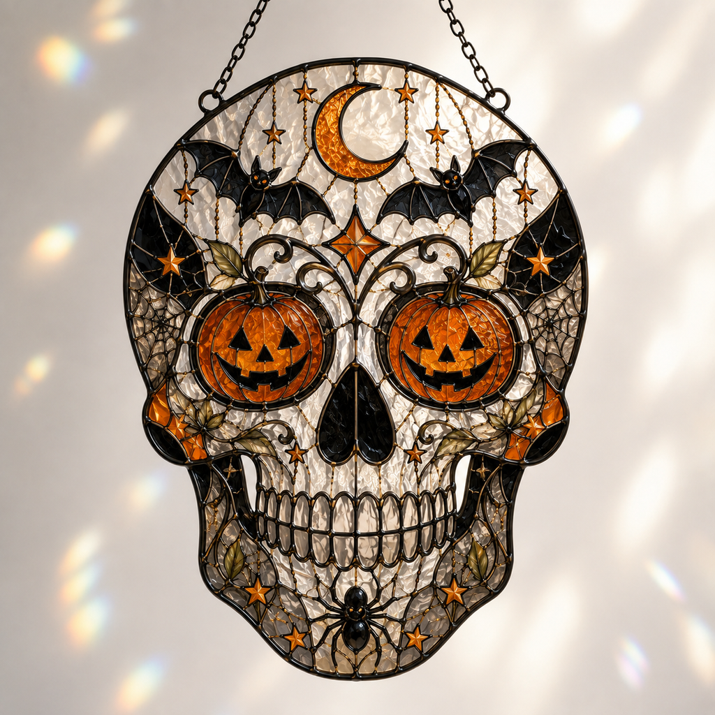 Christmas Skull Suncatcher | Stained Glass Style Window Hanging | Gothic Holiday Decor | Car Hanging Decor | Skull Lover Gift