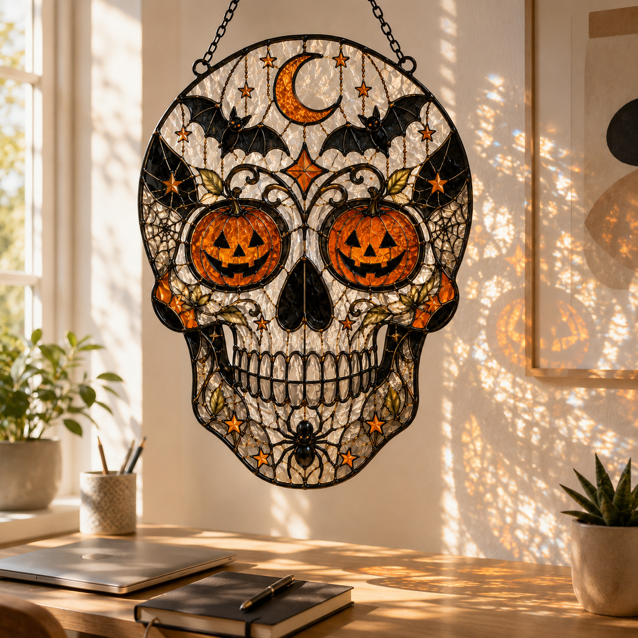 Halloween Skull Suncatcher | Stained Glass Style Window Hanging | Pumpkin Bat Moon Decor | Car Hanging Decor | Gothic Gift