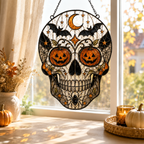Halloween Skull Suncatcher | Stained Glass Style Window Hanging | Pumpkin Bat Moon Decor | Car Hanging Decor | Gothic Gift