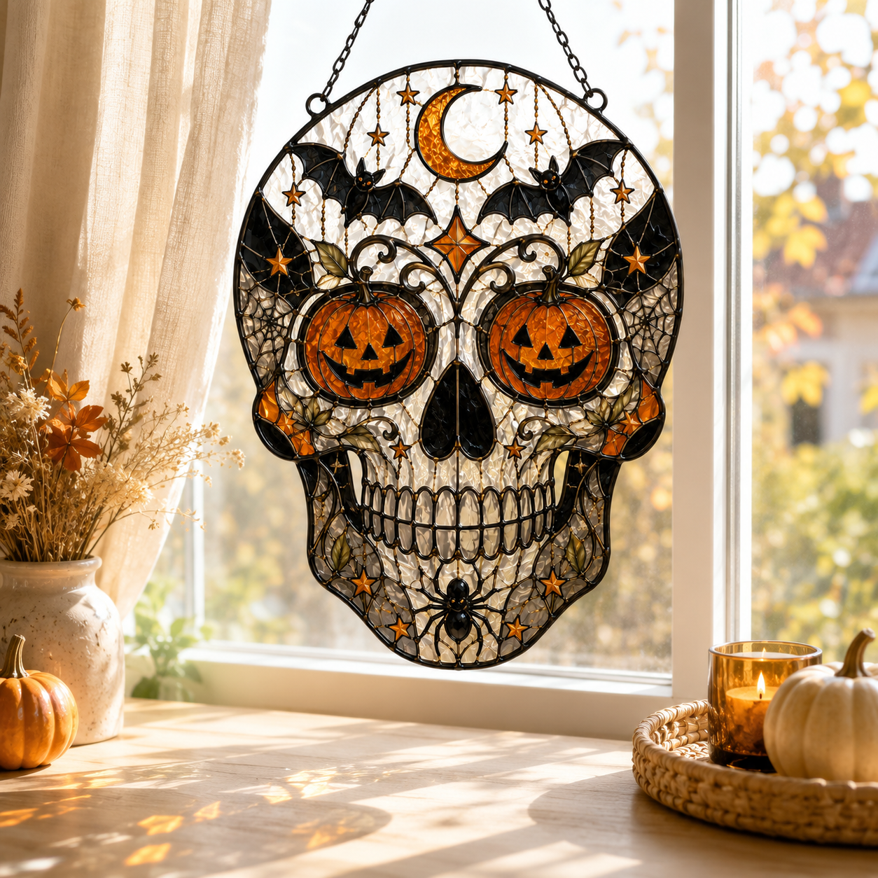 Halloween Skull Suncatcher | Stained Glass Style Window Hanging | Pumpkin Bat Moon Decor | Car Hanging Decor | Gothic Gift