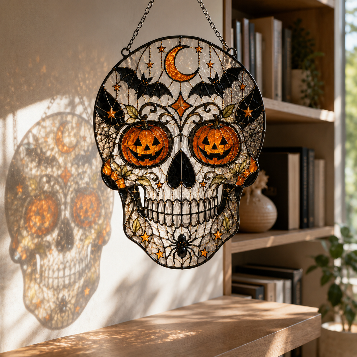 Halloween Skull Suncatcher | Stained Glass Style Window Hanging | Pumpkin Bat Moon Decor | Car Hanging Decor | Gothic Gift