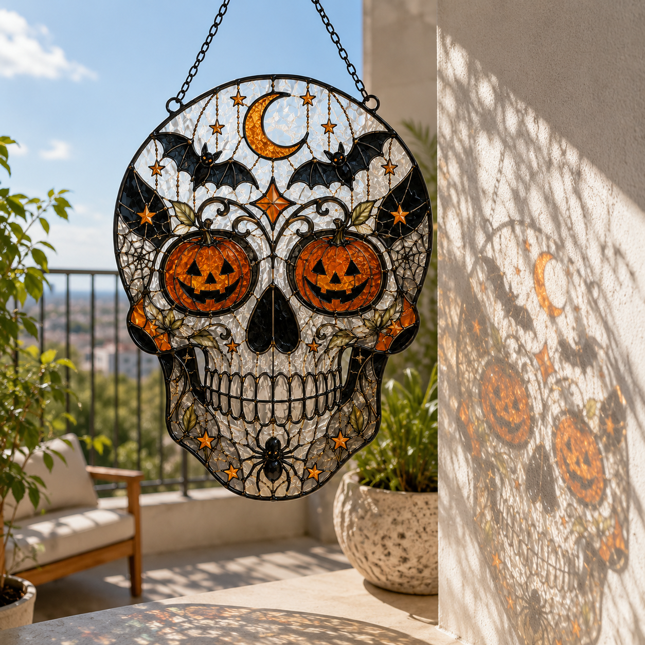 Halloween Skull Suncatcher | Stained Glass Style Window Hanging | Pumpkin Bat Moon Decor | Car Hanging Decor | Gothic Gift