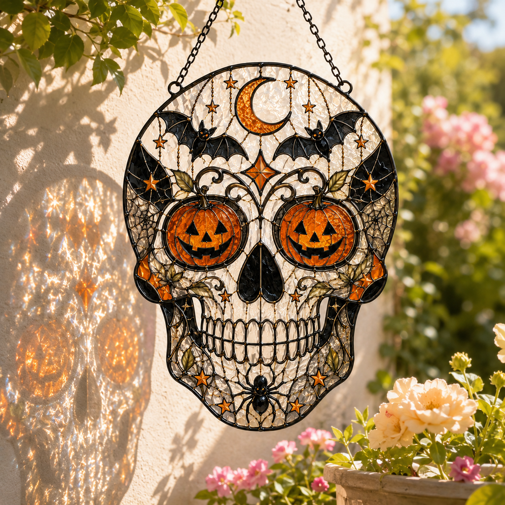 Halloween Skull Suncatcher | Stained Glass Style Window Hanging | Pumpkin Bat Moon Decor | Car Hanging Decor | Gothic Gift
