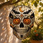 Halloween Skull Suncatcher | Stained Glass Style Window Hanging | Pumpkin Bat Moon Decor | Car Hanging Decor | Gothic Gift