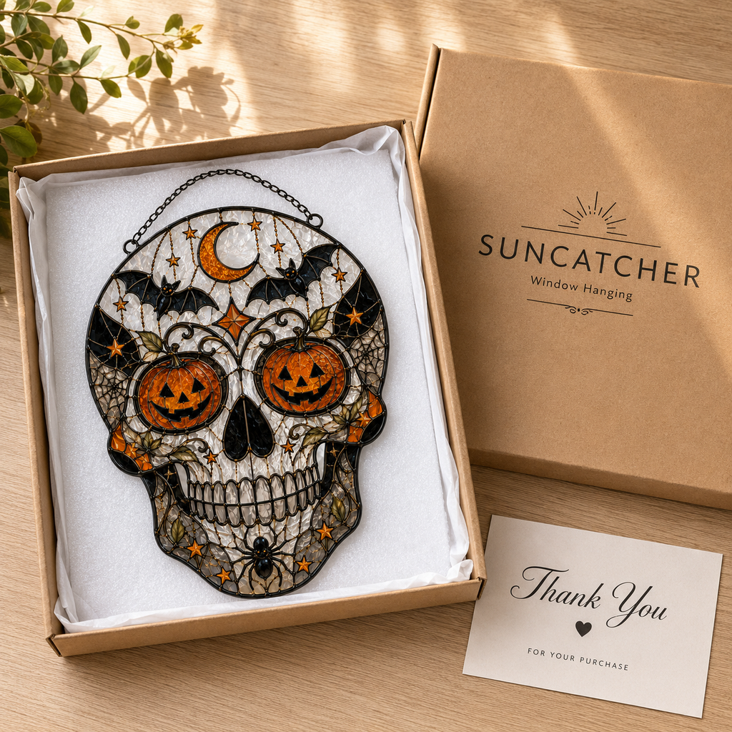 Halloween Skull Suncatcher | Stained Glass Style Window Hanging | Pumpkin Bat Moon Decor | Car Hanging Decor | Gothic Gift
