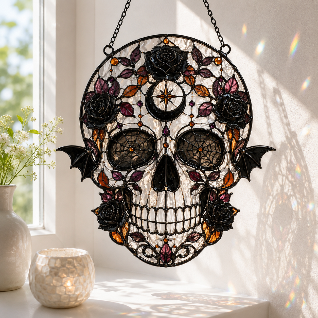 Gothic Skull Suncatcher | Stained Glass Style Window Hanging | Black Rose Bat Decor | Car Hanging Decor | Witchy Gift