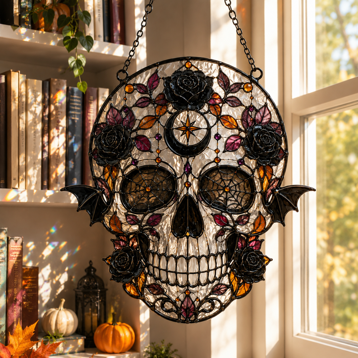 Gothic Skull Suncatcher | Stained Glass Style Window Hanging | Black Rose Bat Decor | Car Hanging Decor | Witchy Gift