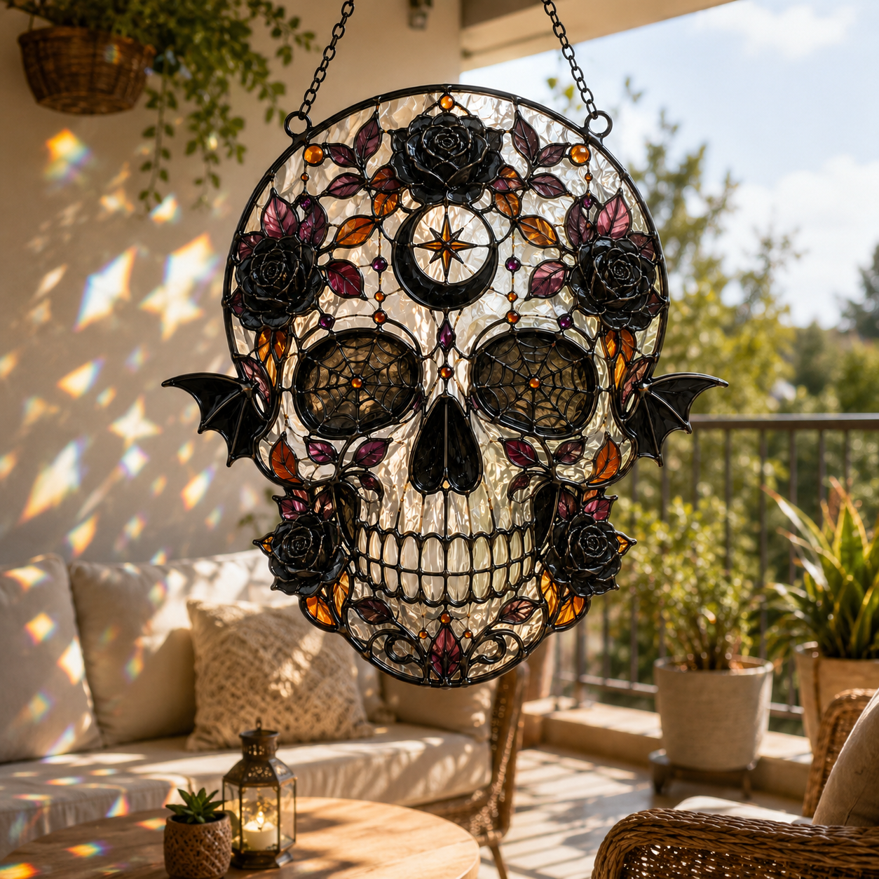 Gothic Skull Suncatcher | Stained Glass Style Window Hanging | Black Rose Bat Decor | Car Hanging Decor | Witchy Gift