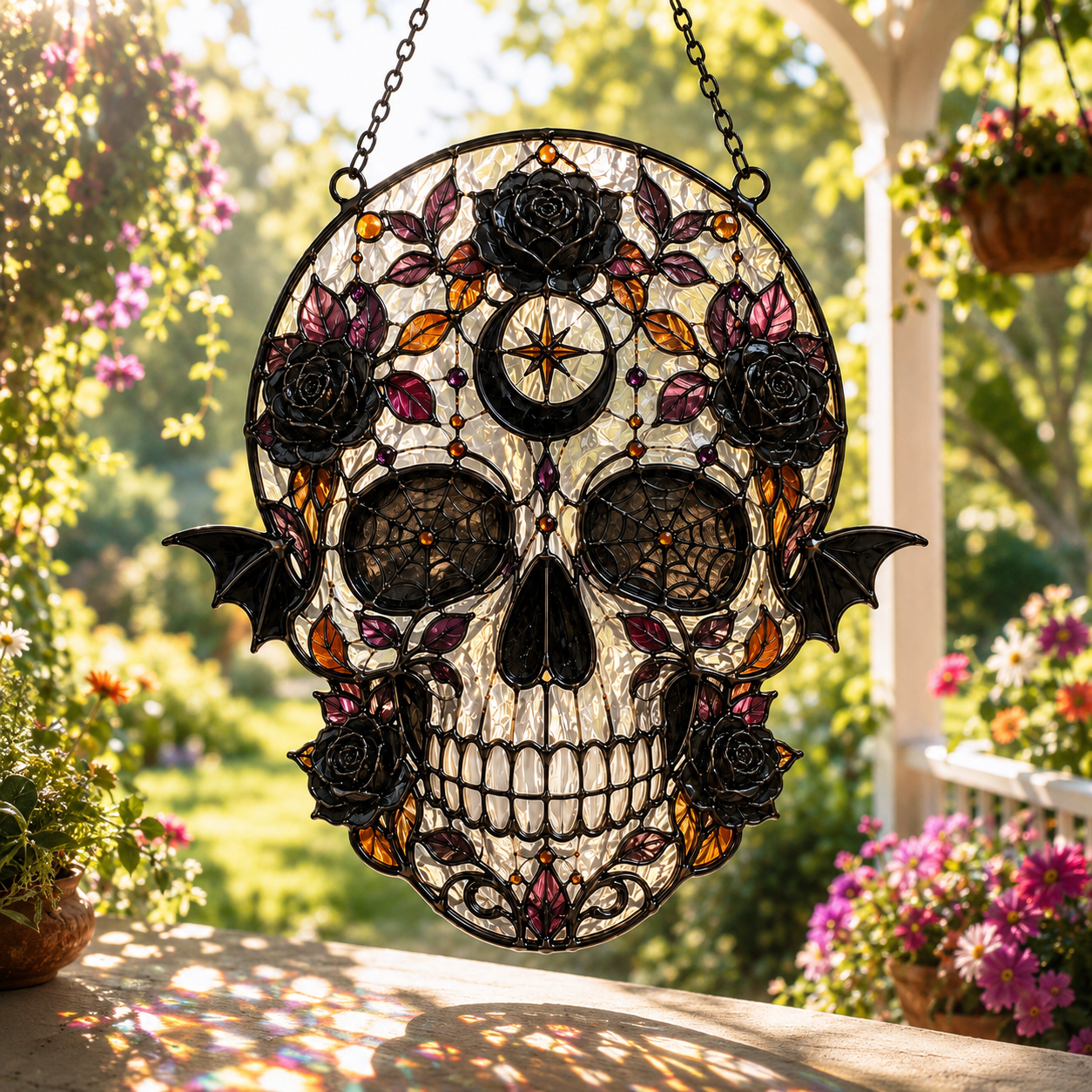 Gothic Skull Suncatcher | Stained Glass Style Window Hanging | Black Rose Bat Decor | Car Hanging Decor | Witchy Gift