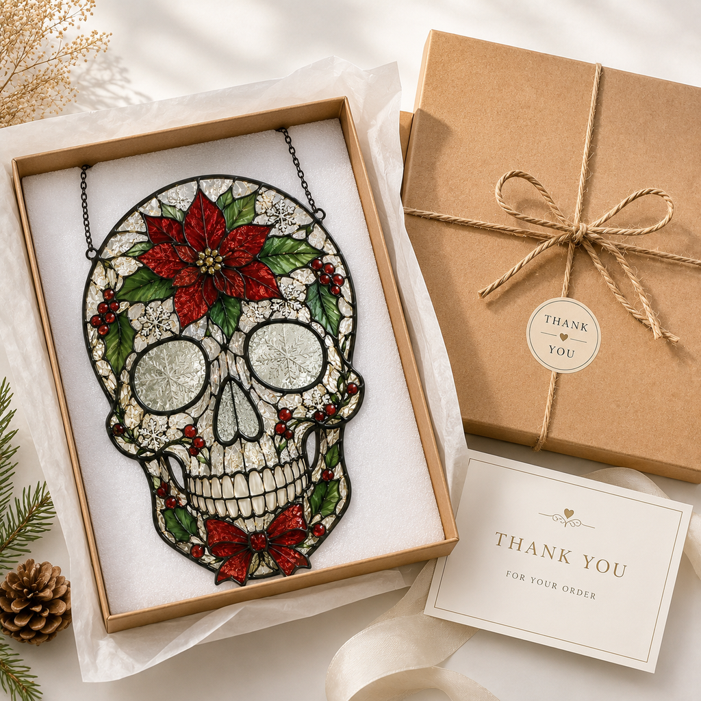 Christmas Skull Suncatcher | Poinsettia Stained Glass Style Window Hanging | Gothic Holiday Decor | Car Ornament Gift