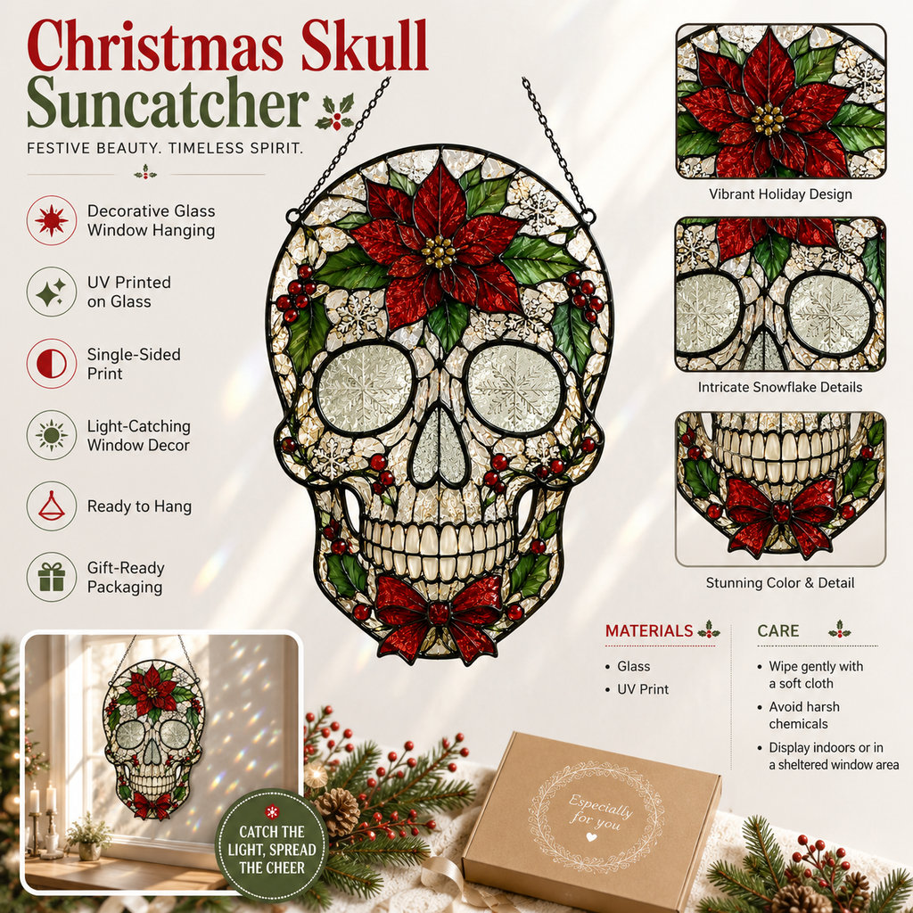 Christmas Skull Suncatcher | Poinsettia Stained Glass Style Window Hanging | Gothic Holiday Decor | Car Ornament Gift