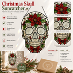 Christmas Skull Suncatcher | Poinsettia Stained Glass Style Window Hanging | Gothic Holiday Decor | Car Ornament Gift