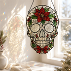 Christmas Skull Suncatcher | Poinsettia Stained Glass Style Window Hanging | Gothic Holiday Decor | Car Ornament Gift