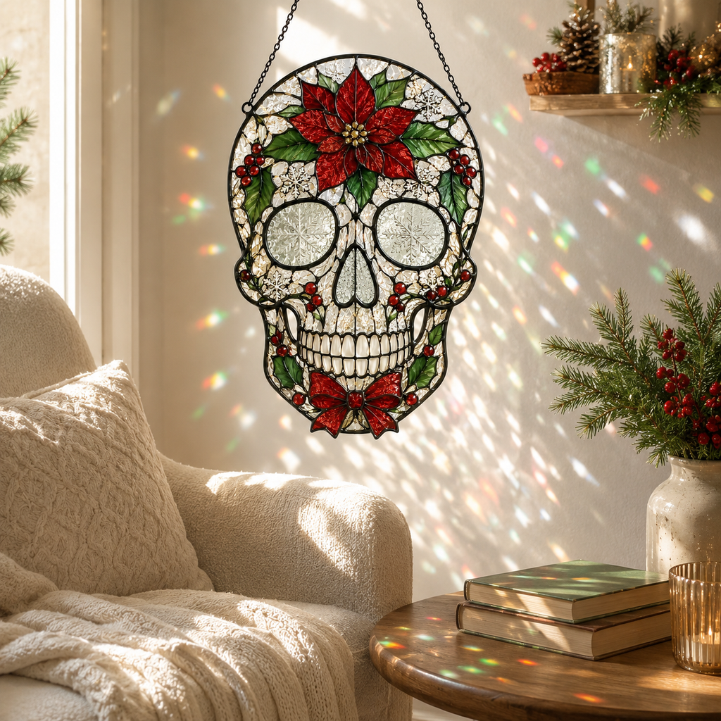 Christmas Skull Suncatcher | Poinsettia Stained Glass Style Window Hanging | Gothic Holiday Decor | Car Ornament Gift