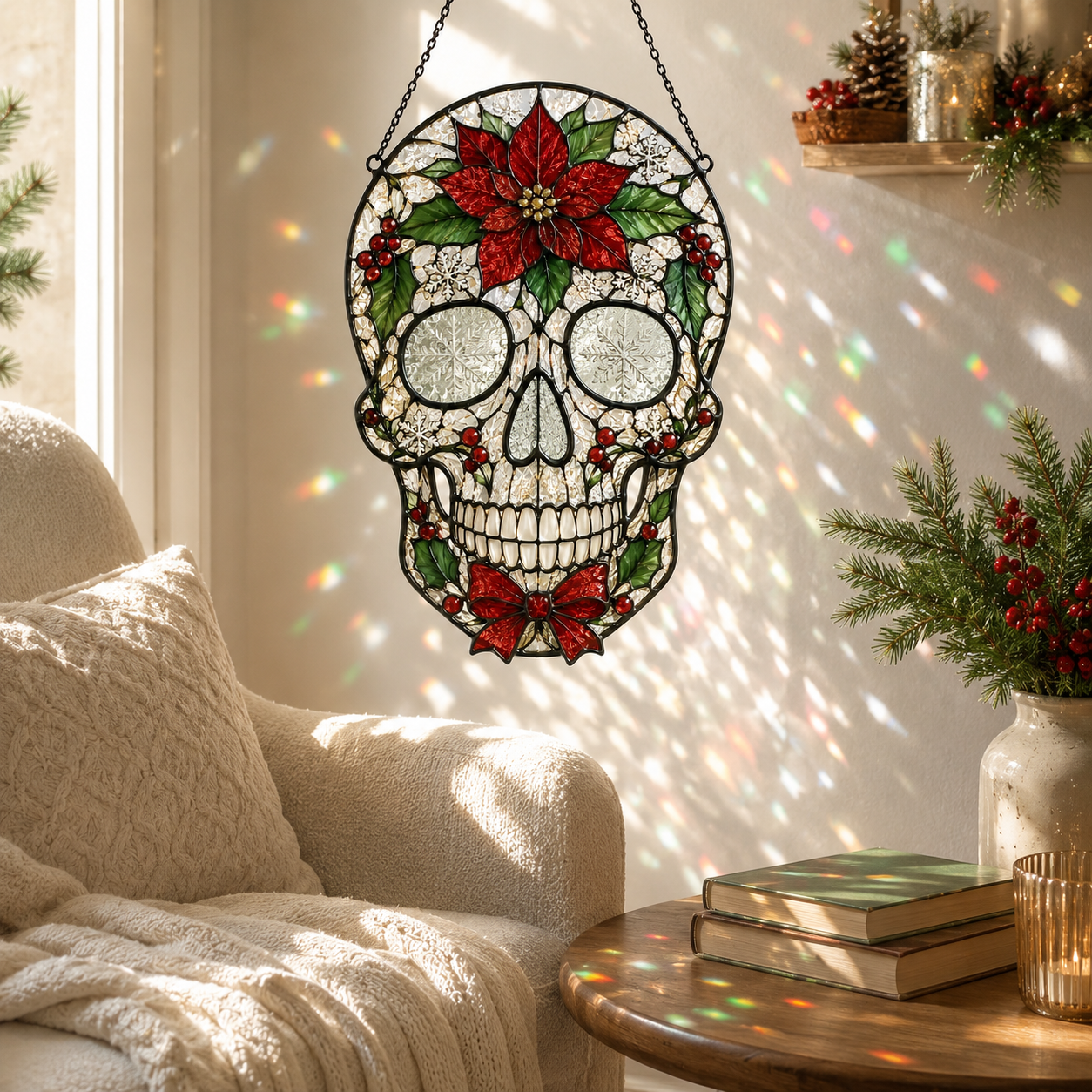 Christmas Skull Suncatcher | Poinsettia Stained Glass Style Window Hanging | Gothic Holiday Decor | Car Ornament Gift
