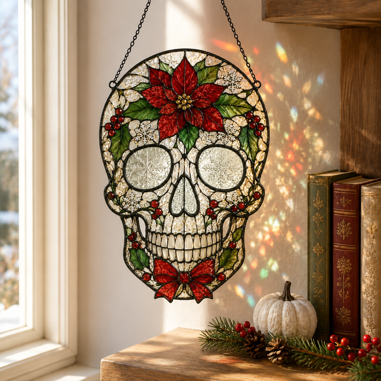 Christmas Skull Suncatcher | Poinsettia Stained Glass Style Window Hanging | Gothic Holiday Decor | Car Ornament Gift