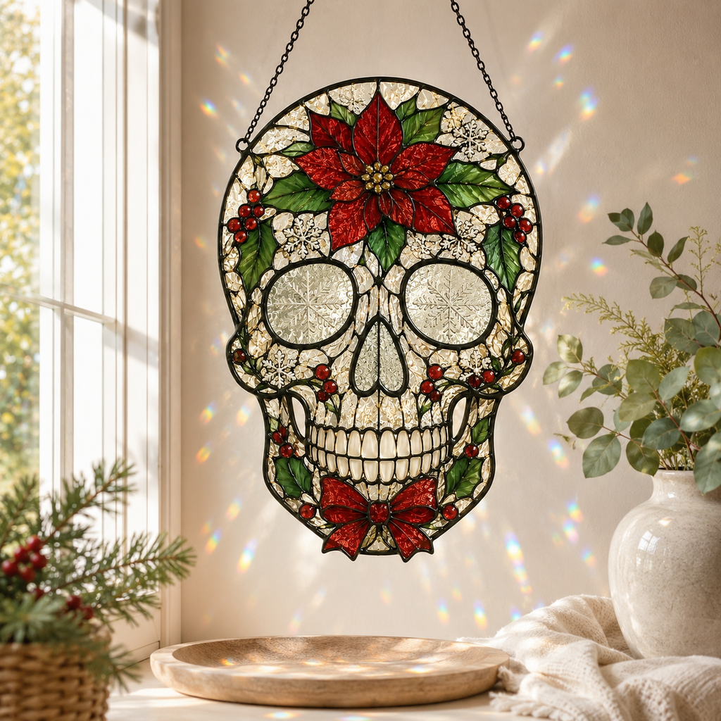 Christmas Skull Suncatcher | Poinsettia Stained Glass Style Window Hanging | Gothic Holiday Decor | Car Ornament Gift