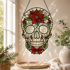 Christmas Skull Suncatcher | Poinsettia Stained Glass Style Window Hanging | Gothic Holiday Decor | Car Ornament Gift