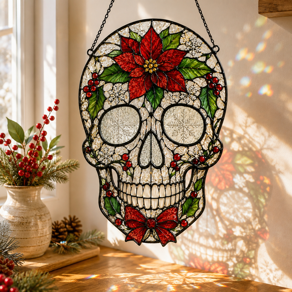 Christmas Skull Suncatcher | Poinsettia Stained Glass Style Window Hanging | Gothic Holiday Decor | Car Ornament Gift