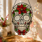 Christmas Skull Suncatcher | Poinsettia Stained Glass Style Window Hanging | Gothic Holiday Decor | Car Ornament Gift