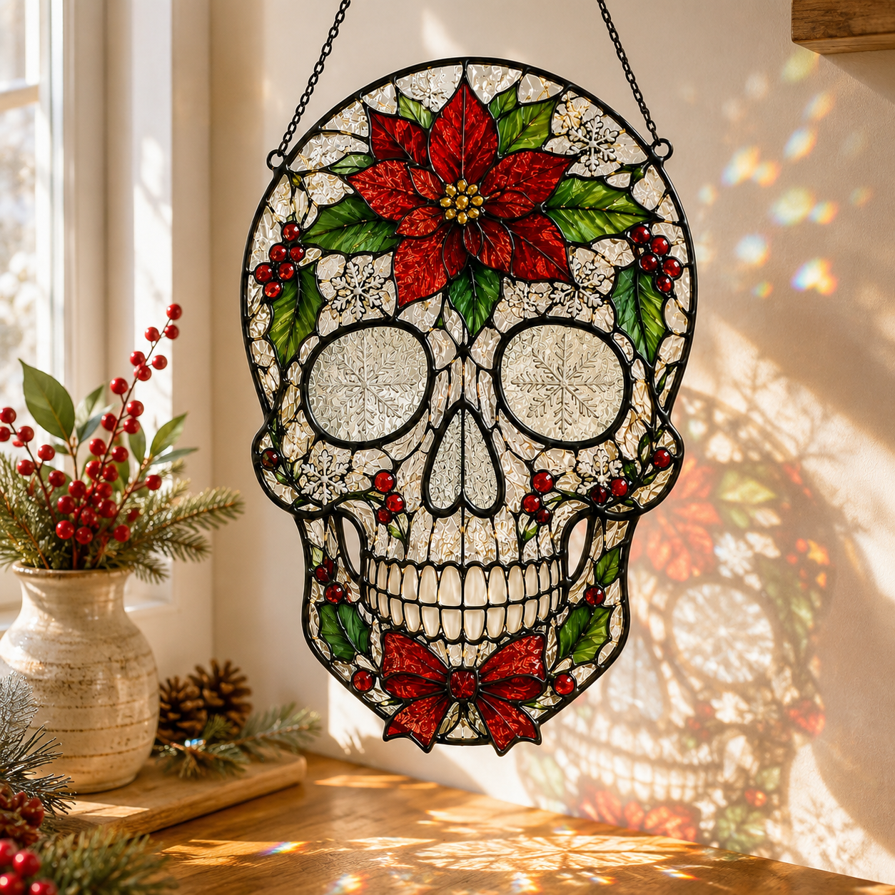 Christmas Skull Suncatcher | Poinsettia Stained Glass Style Window Hanging | Gothic Holiday Decor | Car Ornament Gift