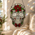 Christmas Skull Suncatcher | Poinsettia Stained Glass Style Window Hanging | Gothic Holiday Decor | Car Ornament Gift